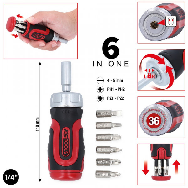 KS TOOLS 1/4" 6 in 1 Mini-Ratschen